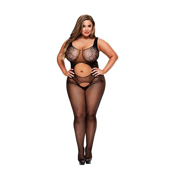 BACI - OPEN FRONT CROTCHLESS JACQUARD BODYSTOCKING QUEEN SIZE